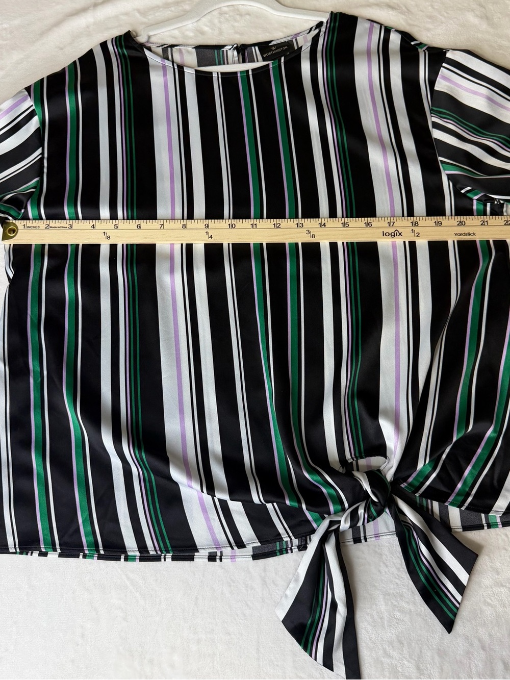 Striped Short-Sleeve Blouse in Black, White & Green,Tie Front Blouse,Large - Picture 4 of 9